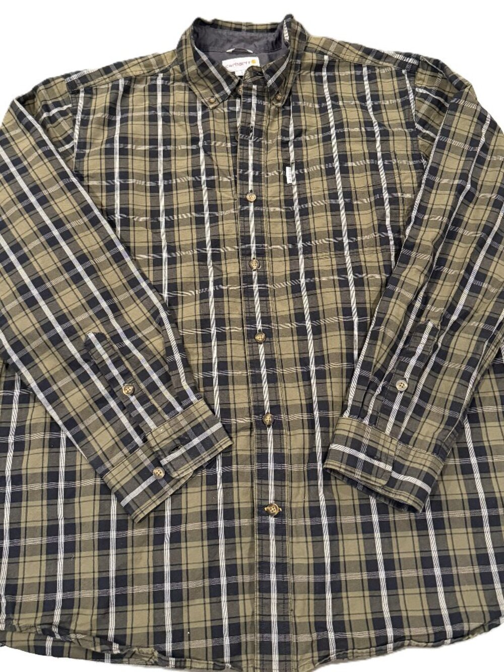 Carhartt Men’s Bellevue Button Down Shirt Relaxed Fit Green Black Plaid Size L